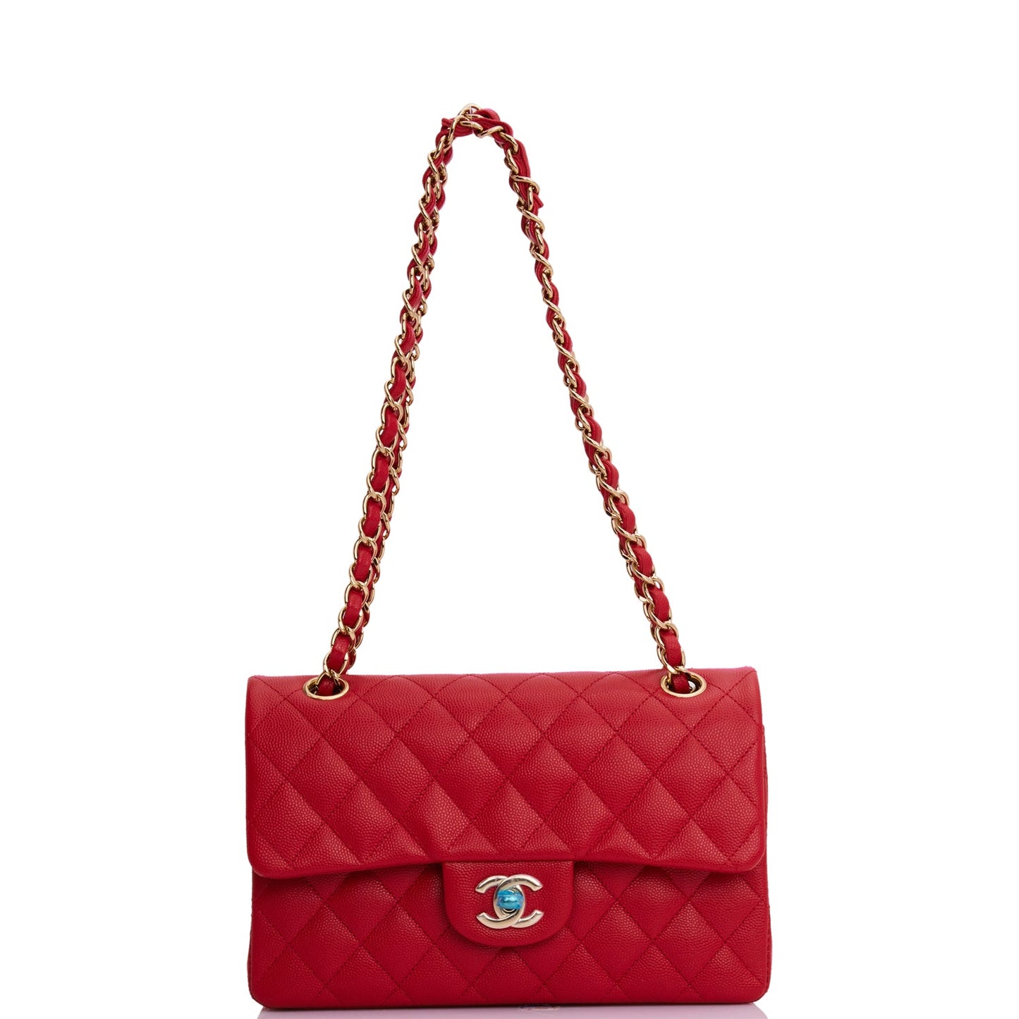 Small Classic Double Flap Red Caviar Light Gold Hardware(15.5×25.5×6.5cm)