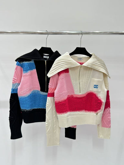 New Contrast Letter Pocket Zipper Sweater
