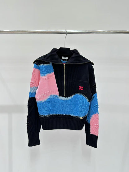 New Contrast Letter Pocket Zipper Sweater