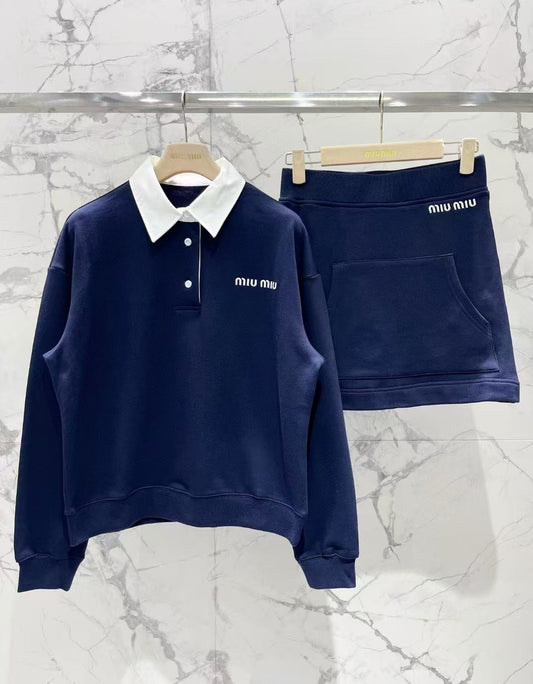 New contrast color polo collar long sleeve plus short skirt casual suit
